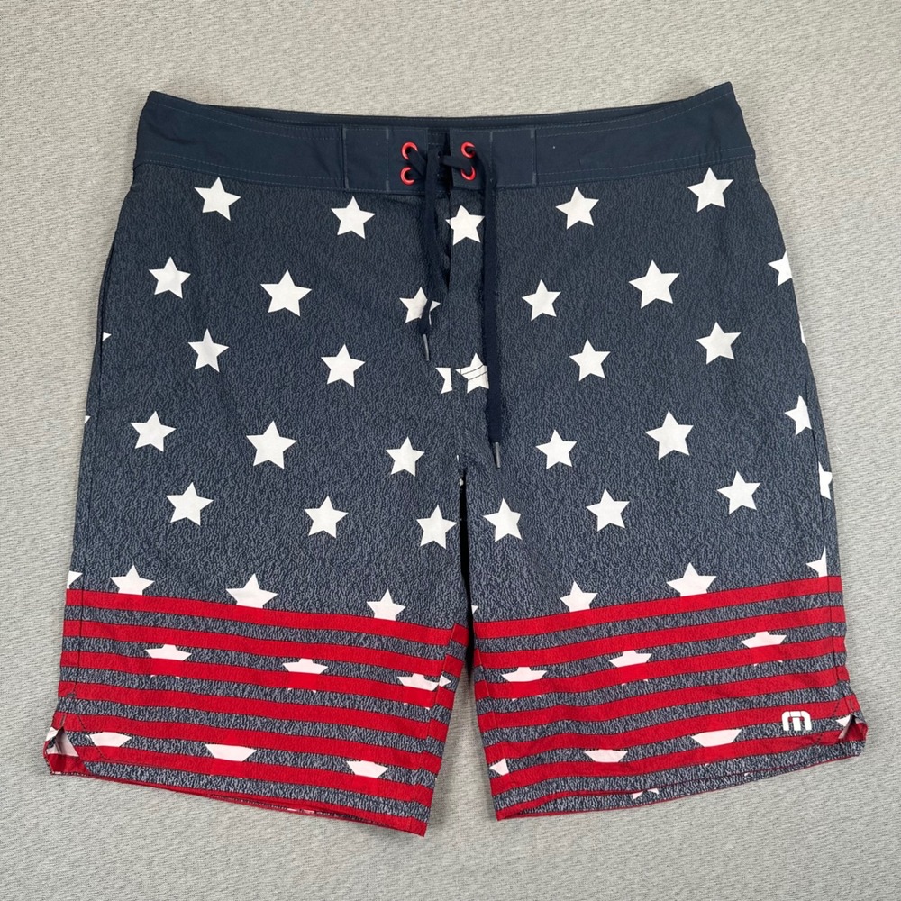 Travis Mathew Board Shorts Men 34 Stars and Stripes Navy Red White USA Patriotic